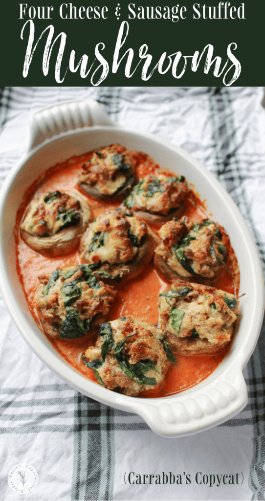 Mushrooms stuffed with sausage, spinach, ricotta, parmesan, romano, mozzarella cheese and Italian breadcrumbs over tomato cream sauce.