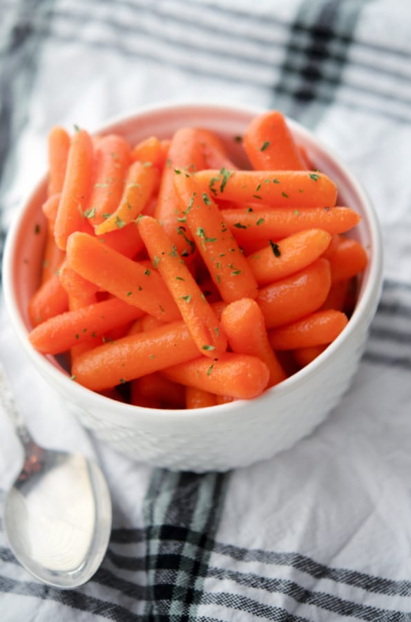 Honey Brown Sugar Carrots in a white bowl