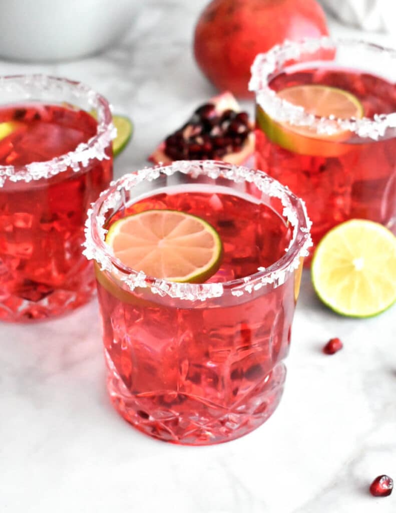  A close up of Pomegranate Margarita in a glass. 