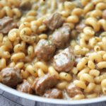 Balsamic Mushroom Sausage Pasta in a skillet