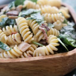 Bacon Ranch Pasta Salad in wooden bowl