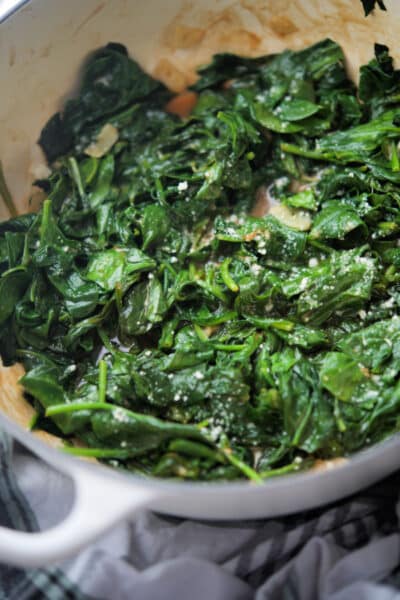 Sautéed Balsamic Spinach in White Dutch Oven