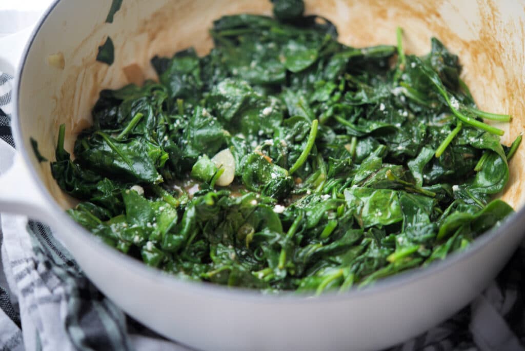 Balsamic Spinach in white Dutch oven