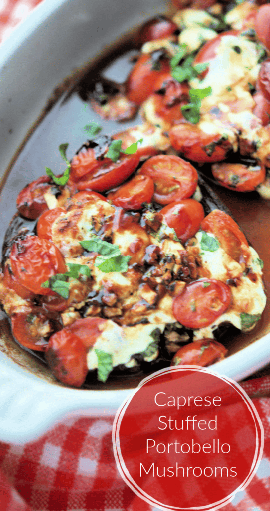 Portobello mushrooms stuffed with tomatoes, fresh Mozzarella and basil; then drizzled with balsamic glaze and baked until hot and bubbly.