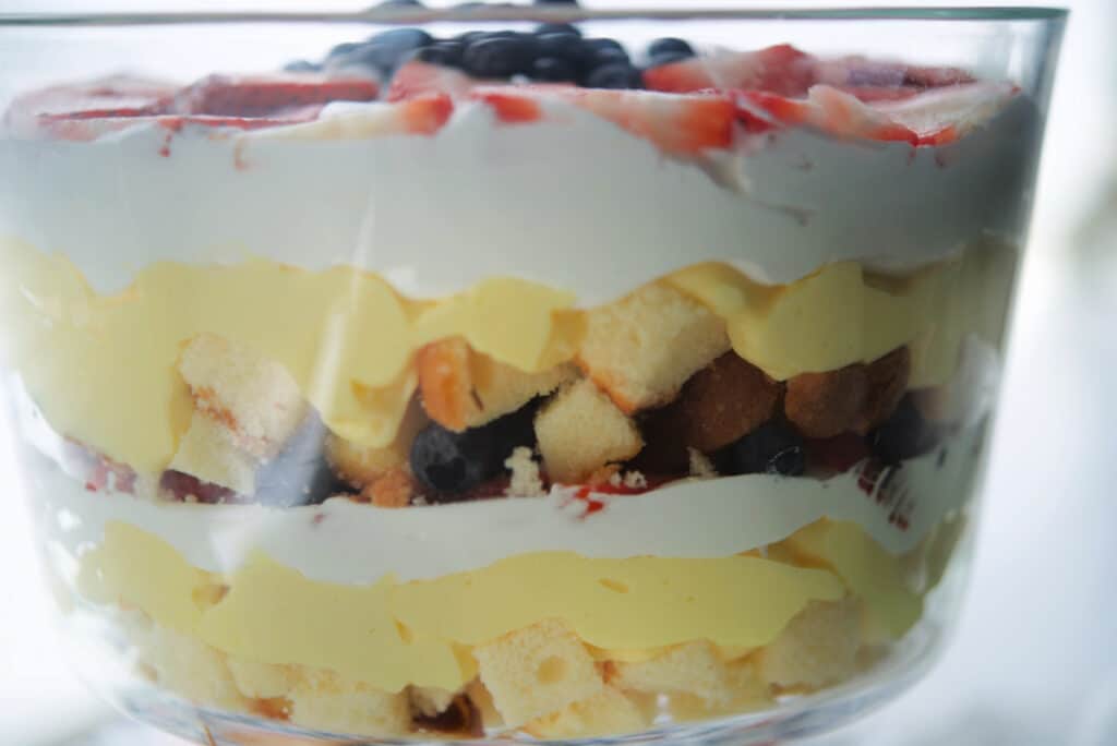 A close up of a berry trifle with yellow cake, berries, pudding and cream.