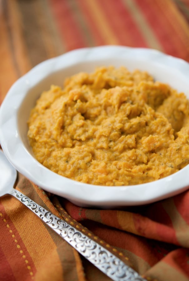 Pesto Mashed Sweet Potatoes in a dish