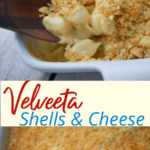 Shell pasta mixed with a creamy Velveeta cheese sauce; then topped with a buttery Ritz Cracker crust and baked until golden brown. 