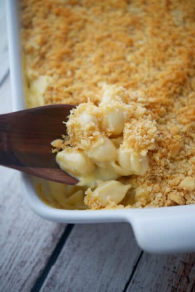 Creamy Velveeta Shells & Cheese in a casserole dish