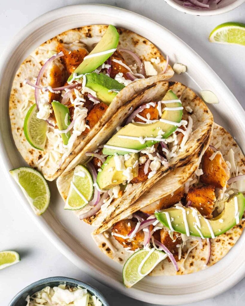 air fryer fish tacos on a plate