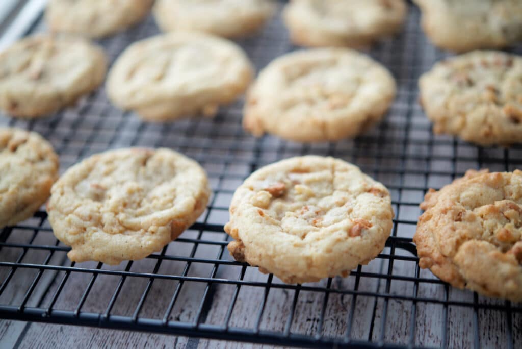 A closeup of cinnamon chip cookies