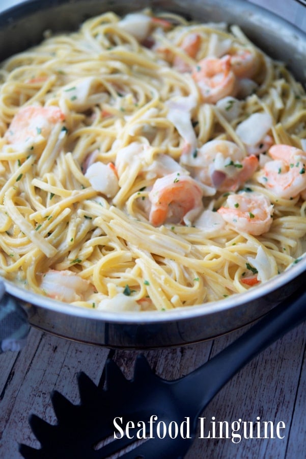 A skillet of pasta, with Linguine and Seafood
