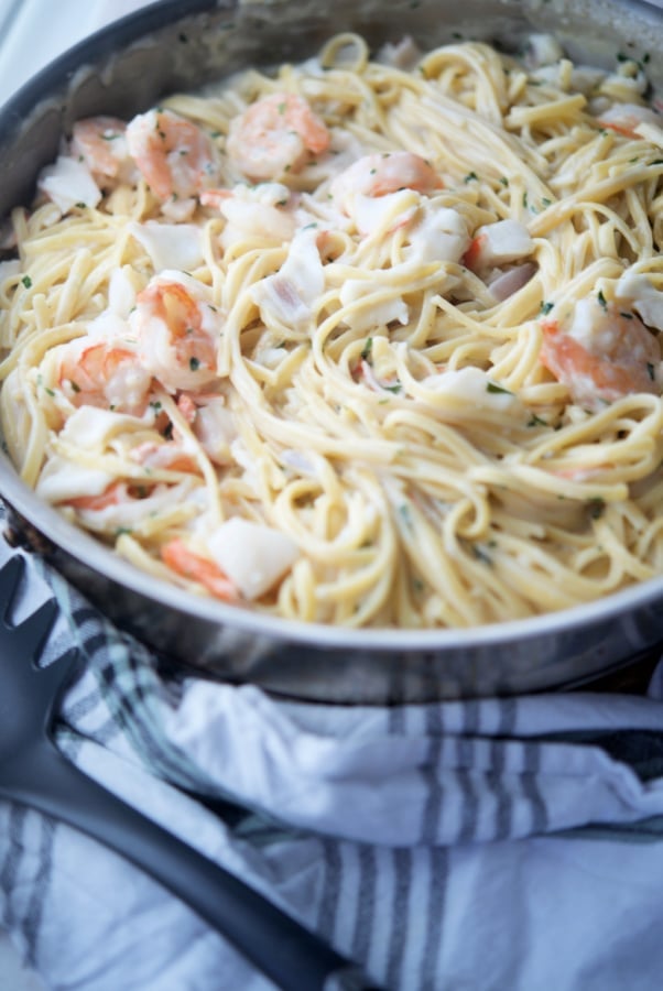 Seafood Linguine in skillet