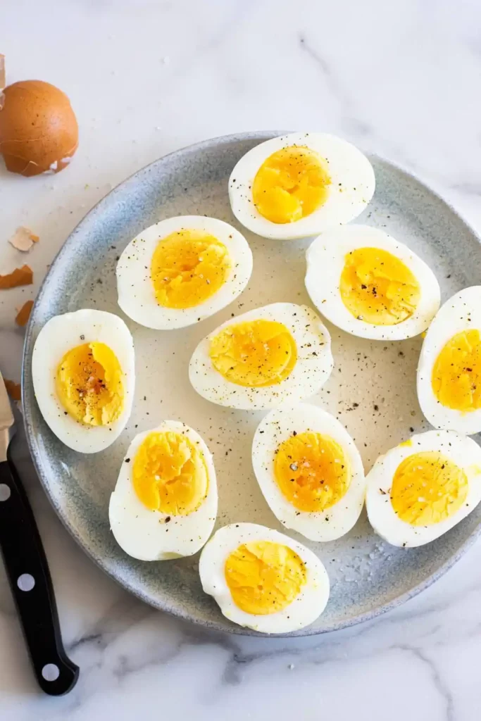 air fryer hard boiled eggs cut in half on a plate. 