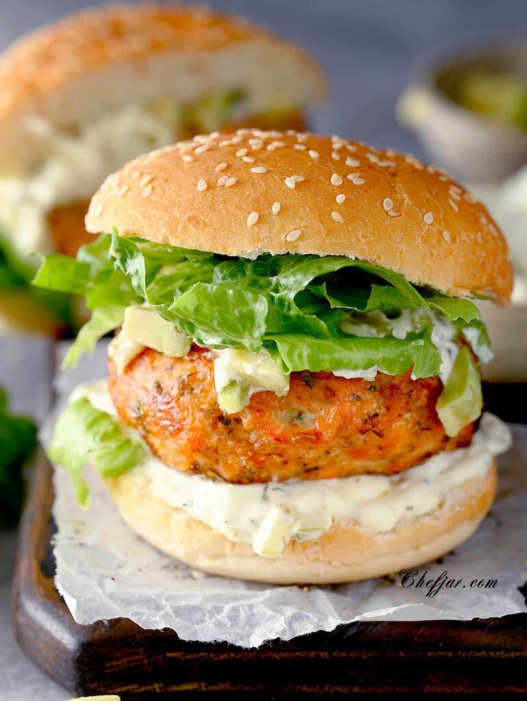 Air fryer salmon burger on a bun