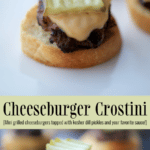 A collage photo of cheeseburger crostini