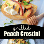 A collage photo of peach crostini