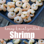 A collage photo of grilled shrimp