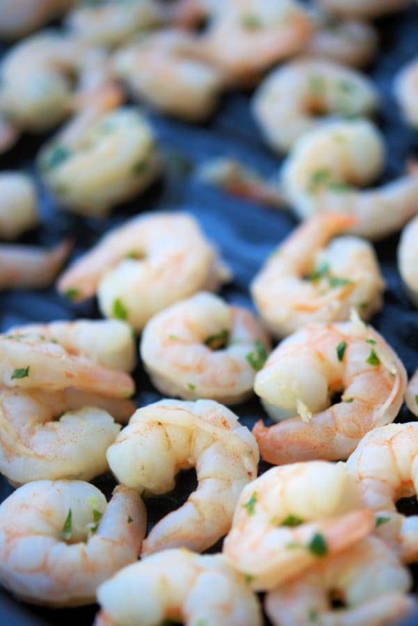 A close up of honey mint shrimp on a pan