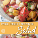 A collage photo of peach, tomato and mozzarella cheese salad.