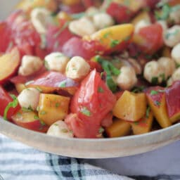 A close up of peach, tomato and mozzarella salad