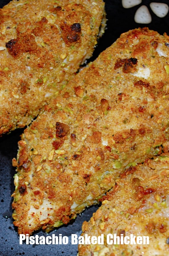 Boneless chicken coated with pistachios and breadcrumbs.
