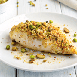 a close up of pistachio baked chicken