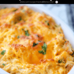 Buffalo Chicken Spaghetti Squash in white casserole dish.