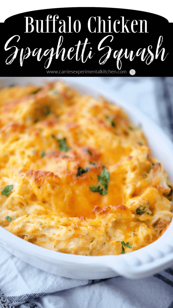 Buffalo Chicken Spaghetti Squash in white casserole dish.