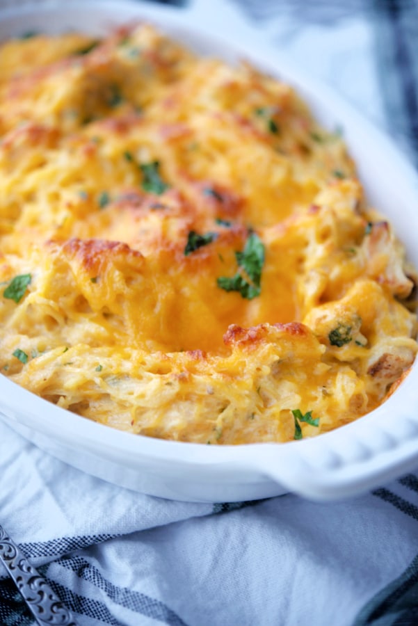 Chicken Spaghetti Squash with buffalo hot sauce