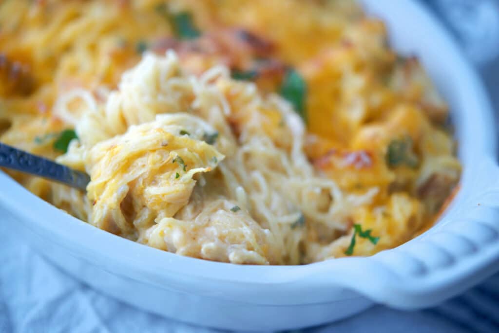 Buffalo Chicken Spaghetti Squash on a spoon