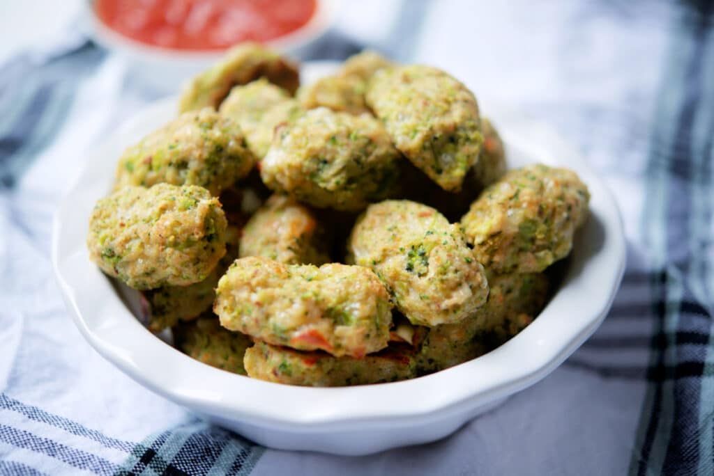 Broccoli Tots in a white bowl