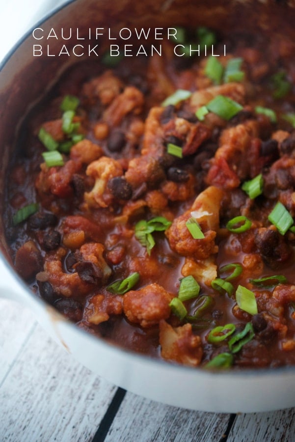 Cauliflower chili in a white dutch oven