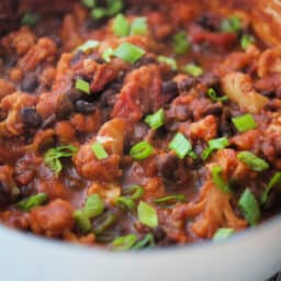 A close up of vegetarian chili with cauliflower