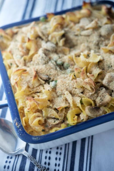 Chicken Stroganoff in a casserole dish.