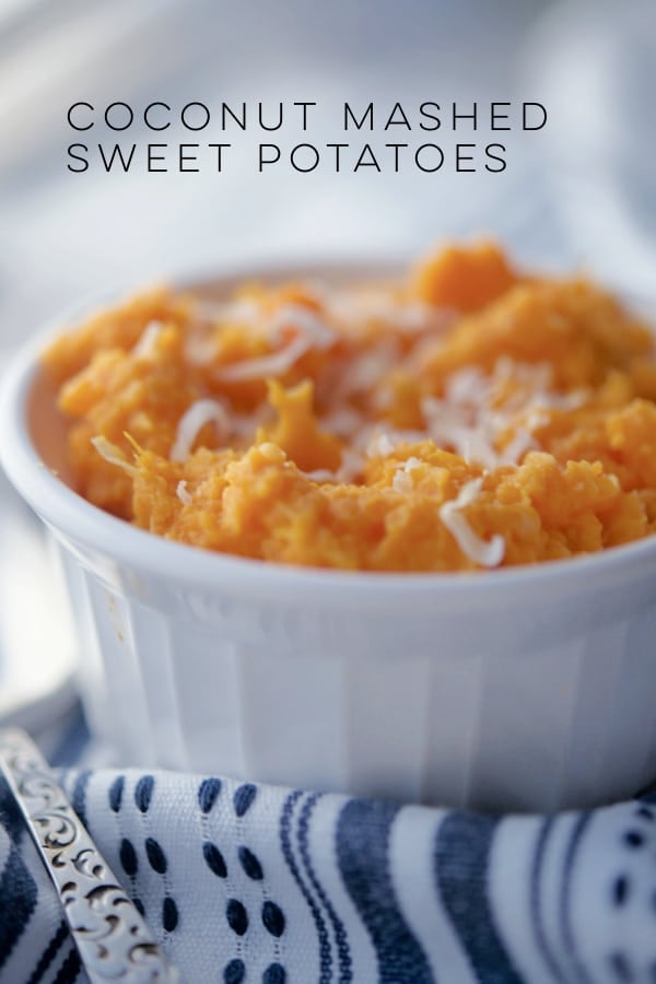 Sweet potatoes mashed with coconut in a white dish. 