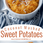 A collage of coconut sweet potatoes in white bowl