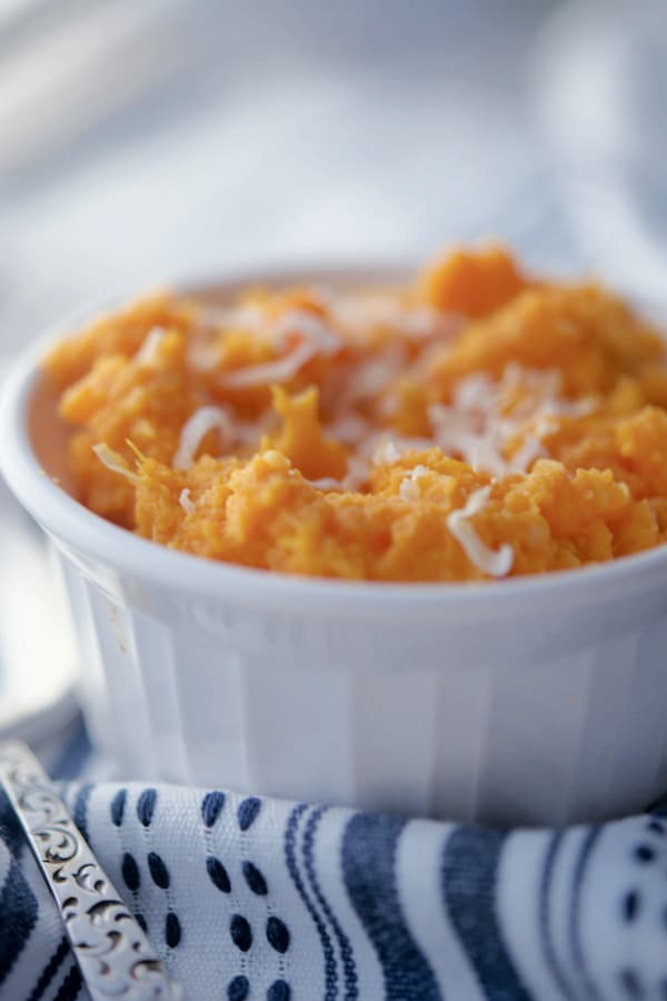 Coconut Sweet Potatoes in a white bowl