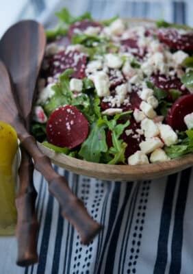 Mediterranean Arugula Salad in a salad bowl