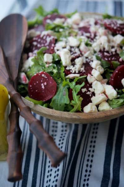 Mediterranean Arugula Salad in a salad bowl