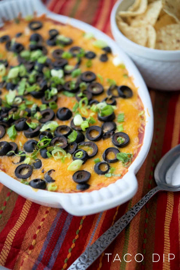 Taco dip in a white baking dish