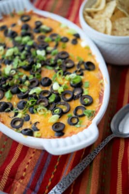 Mexican Taco Dip in a white dish