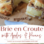 A collage photo of baked brie en croute with apples