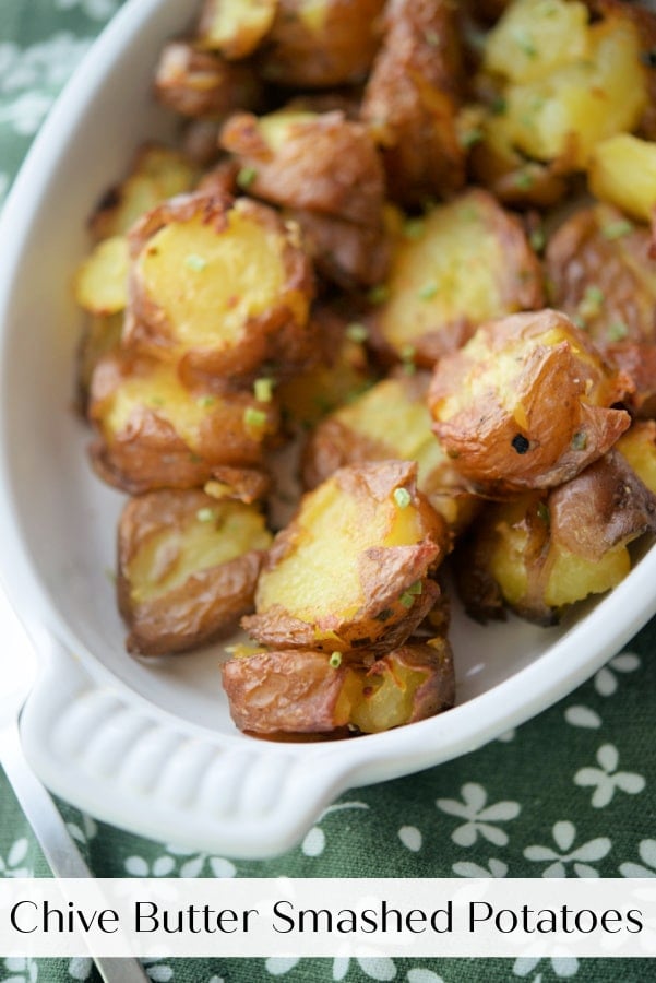 Baby potatoes in a white dish. 