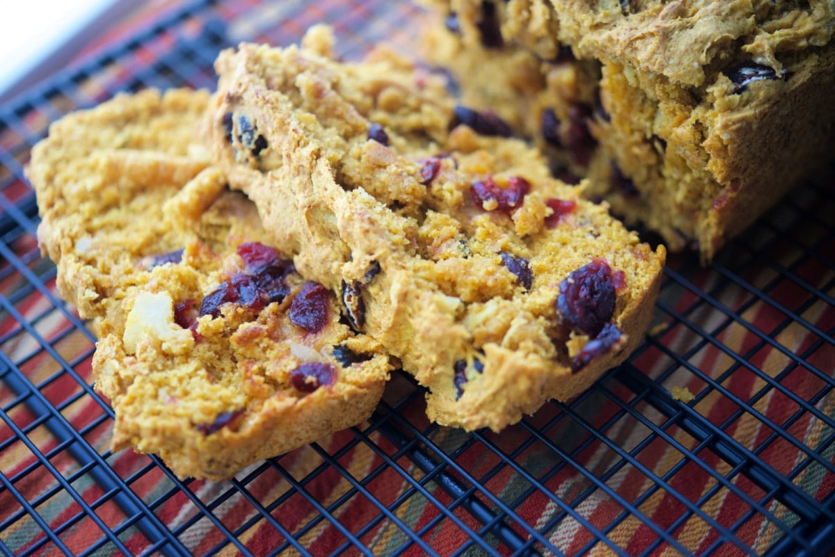 A close up sliced pumpkin bread