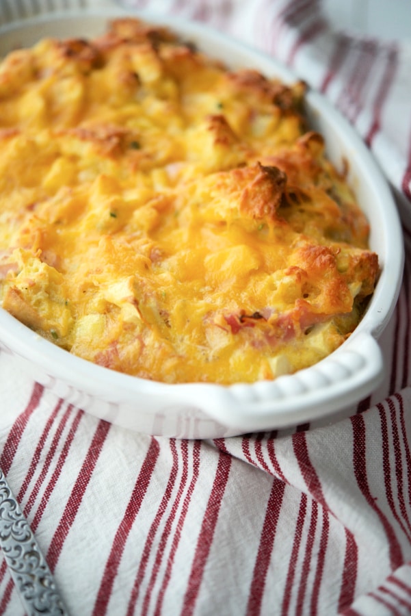 Strata in a white casserole dish