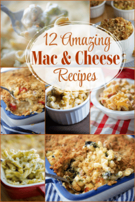 A collage photo of different mac and cheese recipes