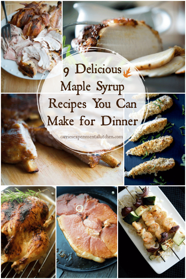 A collage photo of dinner recipes using maple syrup
