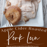 A collage photo of pork loin with apples
