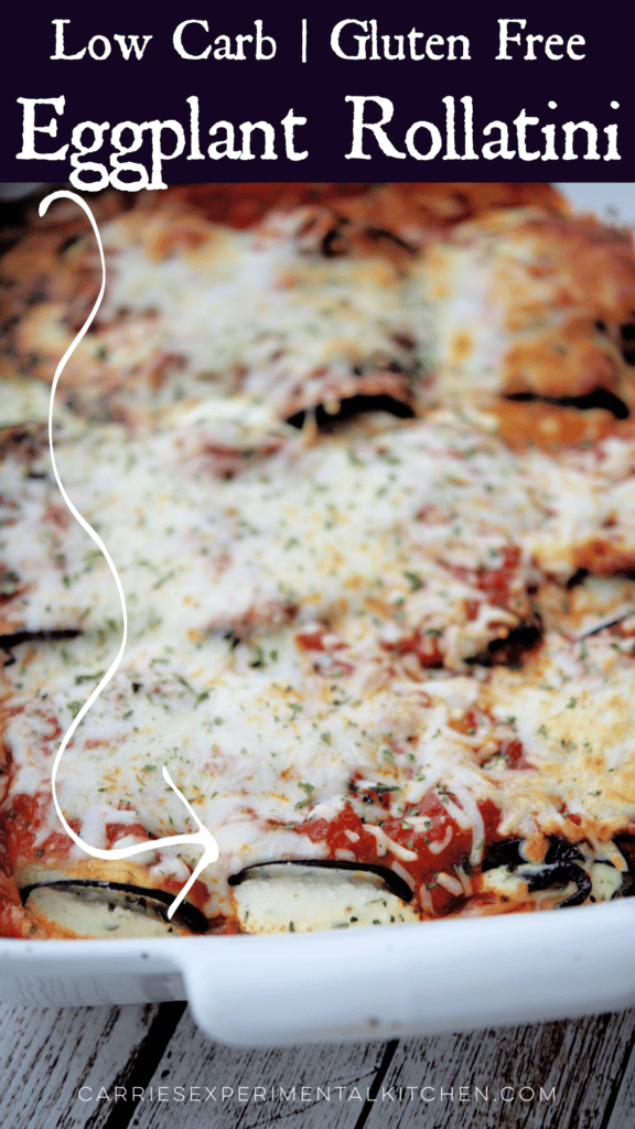 Long pin of eggplant rollatini in a white dish.