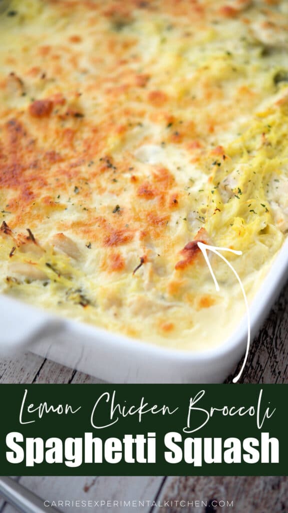 Spaghetti Squash with chicken and broccoli in a casserole dish